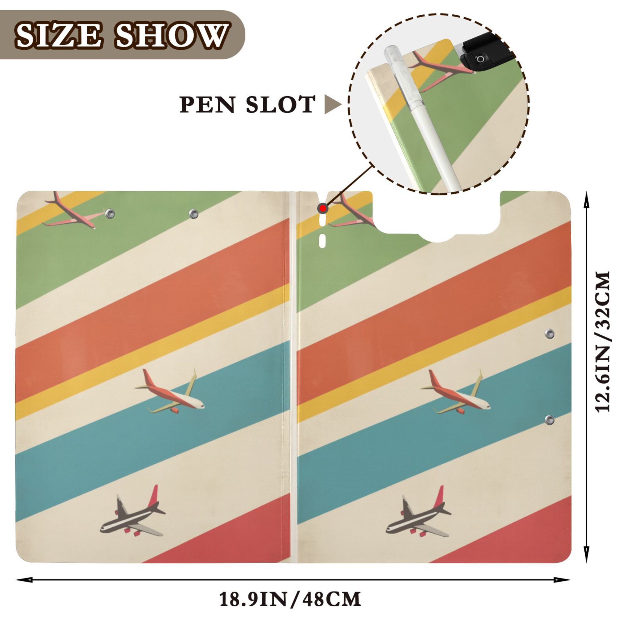 FORMRS A4 Clipboard Folder with Pen Holder Horizontal Foldable School Office Binder, Colorful Plane