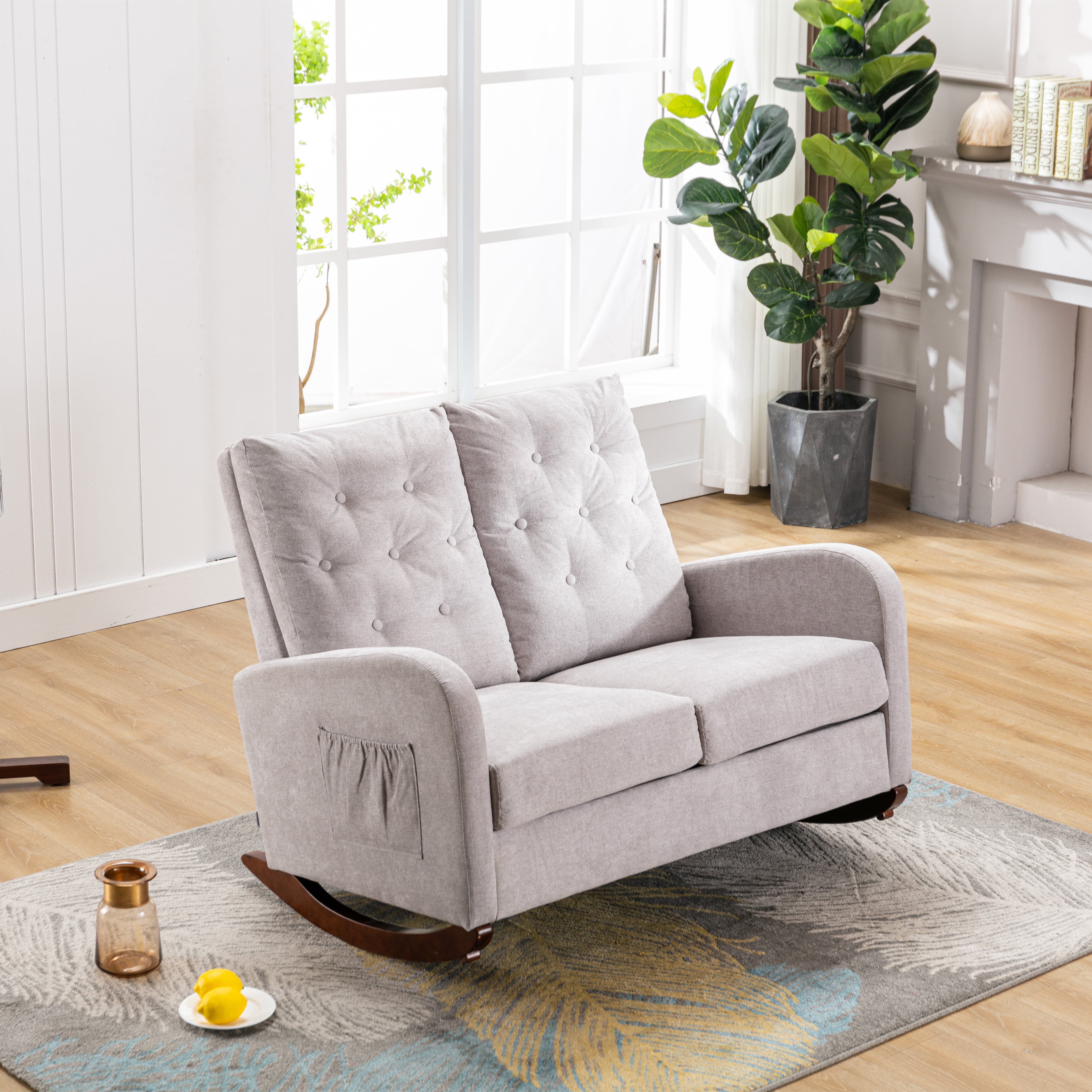 Bellemave Fashion Double Rocking Sofa with High Backrest and Pocket, Rocker Chair with Spacious Wing-back and Padded Seat for Living Room, Bedroom, Nursery(Gray)