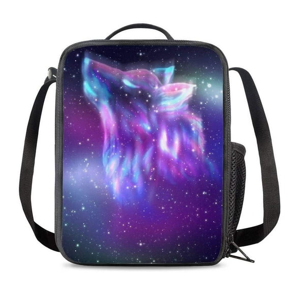 PrelerDIY Galaxy Wolf Lunch Bag Tote Lunch Box Food Bag for Boys Girls with Zipper & Side Pocket & Shoulder Strap