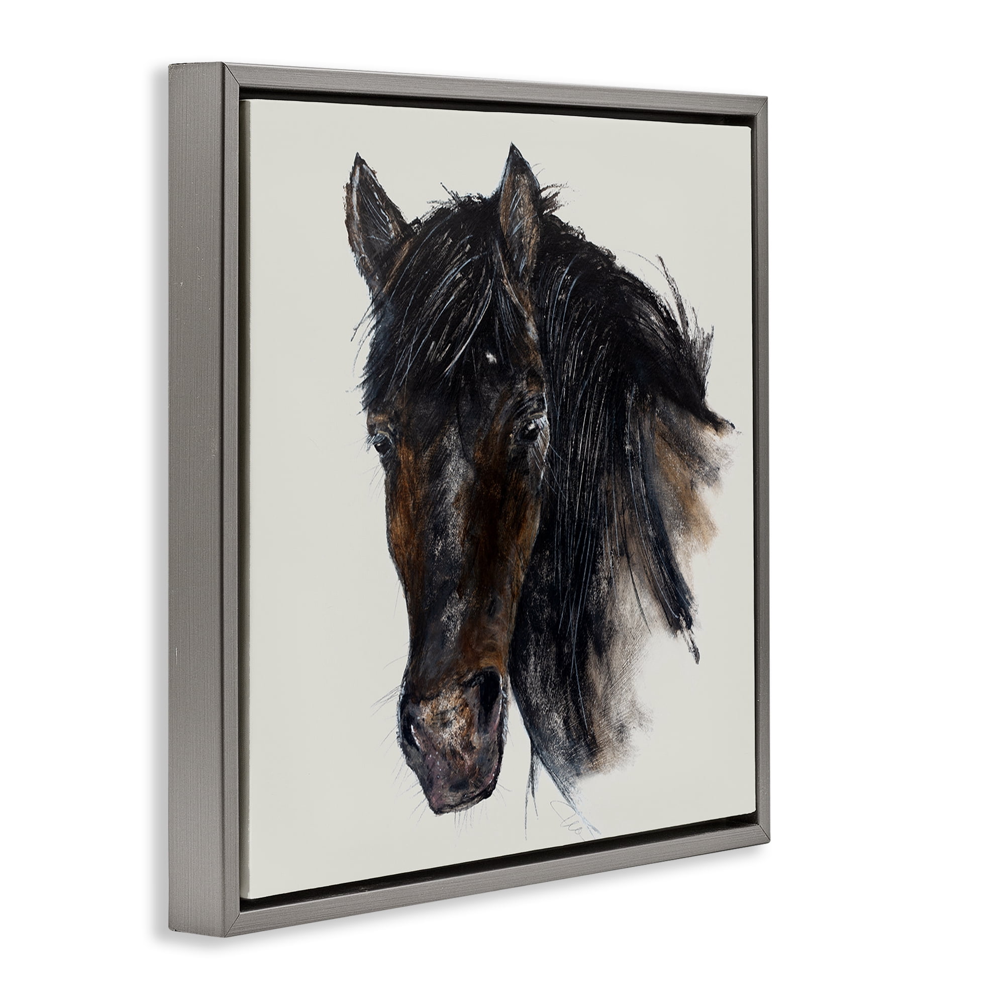 Stupell Industries Paint Stroke Black Horse Animals Painting Gray Floater Framed Canvas Art Print Wall Art, 18 x 18