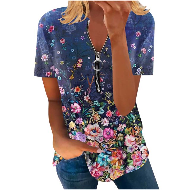 Blusa informal elegante de manga corta con cremallera y cuello redondo para mujer OAVQHLG3B Store lin121212