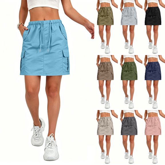 Cargo Skirts for Women Drawstring Elastic High Waist Mini Skirts Quick Dry Lightweight Causal Skirts with Multi Pockets, S