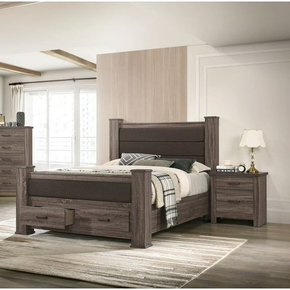 3pc Bedroom Set Queen Size Bed 2x Nightstands Natural Grey Finish Wooden Storage Drawers Upholstered HB FB