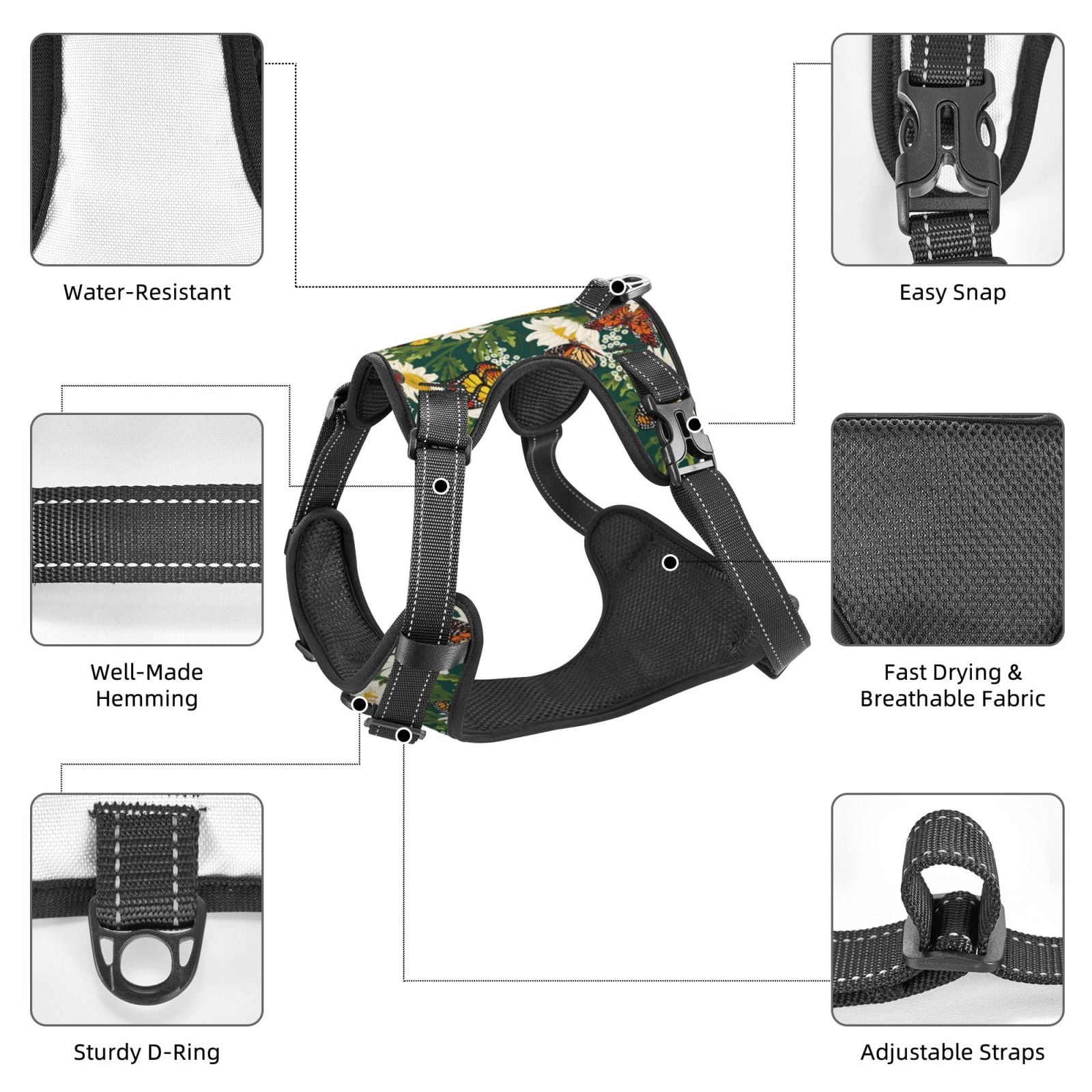 Kdxio Sunflowers And Butterflies Print No Pull Dog Harness Adjustable Reflective Oxford Easy Control Medium Large Dog Harness for Training and Everyday-X-Large