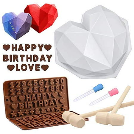 

Diamond Heart Mousse Cake Mold Trays Silicone Breakable heart Mold Safe&Not Sticky Mould Heart Molds for Chocolate with Hammers and Dropper Letter-Number Shaped Mold for Valentine Candy Making