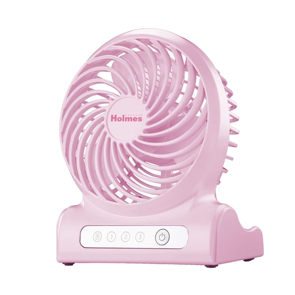 Holmes 4 Inch Rechargeable USB Desk Fan Portable Cordless 3 Speed Adjustable Tilt Pink