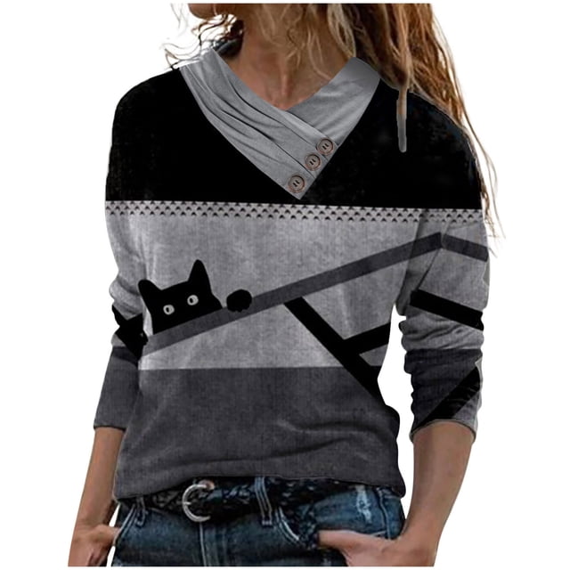 Pompotops Blouse Décontractée pour Femmes Col Croisé Boutons Imprimés Manches Longues T-shirt