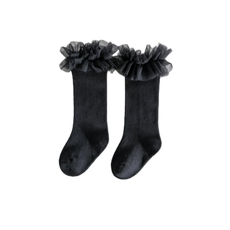 

Gwiyeopda Children Solid Color Tube Girls Anti-slip Warm Calf Sock with Mesh Ruffles