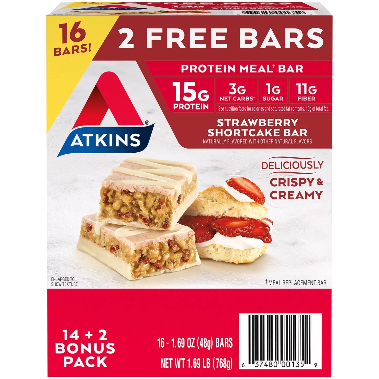 Atkins Strawberry Shortcake Protein Meal Bar (14 Count + 2 Bonus Bars