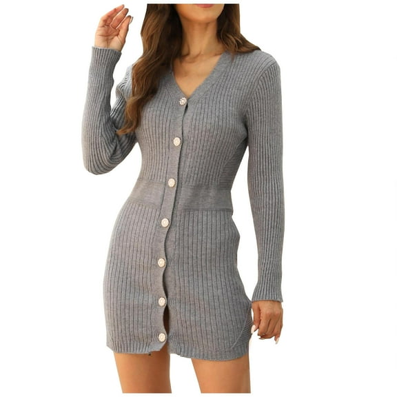 qolati Sweater Dresses for Women Spring Long Sleeve V Neck Bodycon Mini Fall Dress Trendy Ribbed Knit Ladies Sweaters Tunic Dress