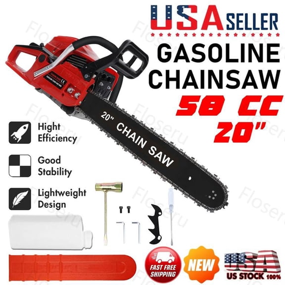 Floseru 58cc Gas Chainsaw, 20-Inch Professional Chainsaw with 2-Cycle Engine & Anti-Vibration System, Quick Start Technology for Tree Cutting, Firewood, Logging