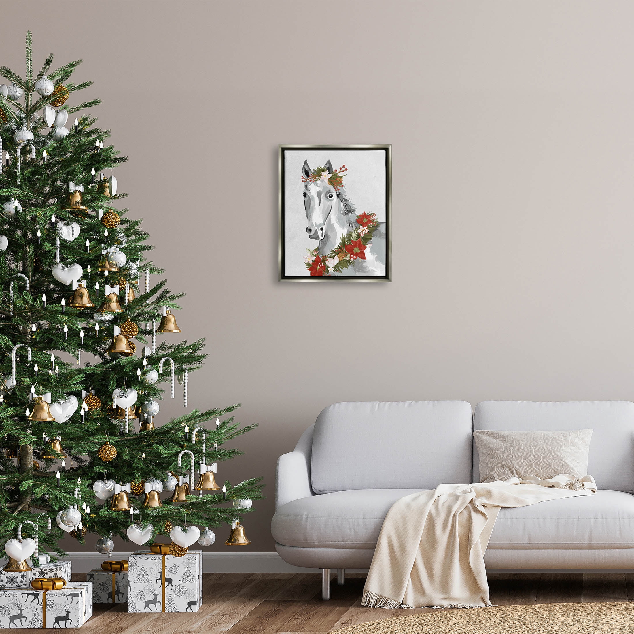 Stupell Industries Festive Holiday Horse Holly Wreath Graphic Art Luster Gray Floating Framed Canvas Print Wall Art, Design by Laura Konyndyk
