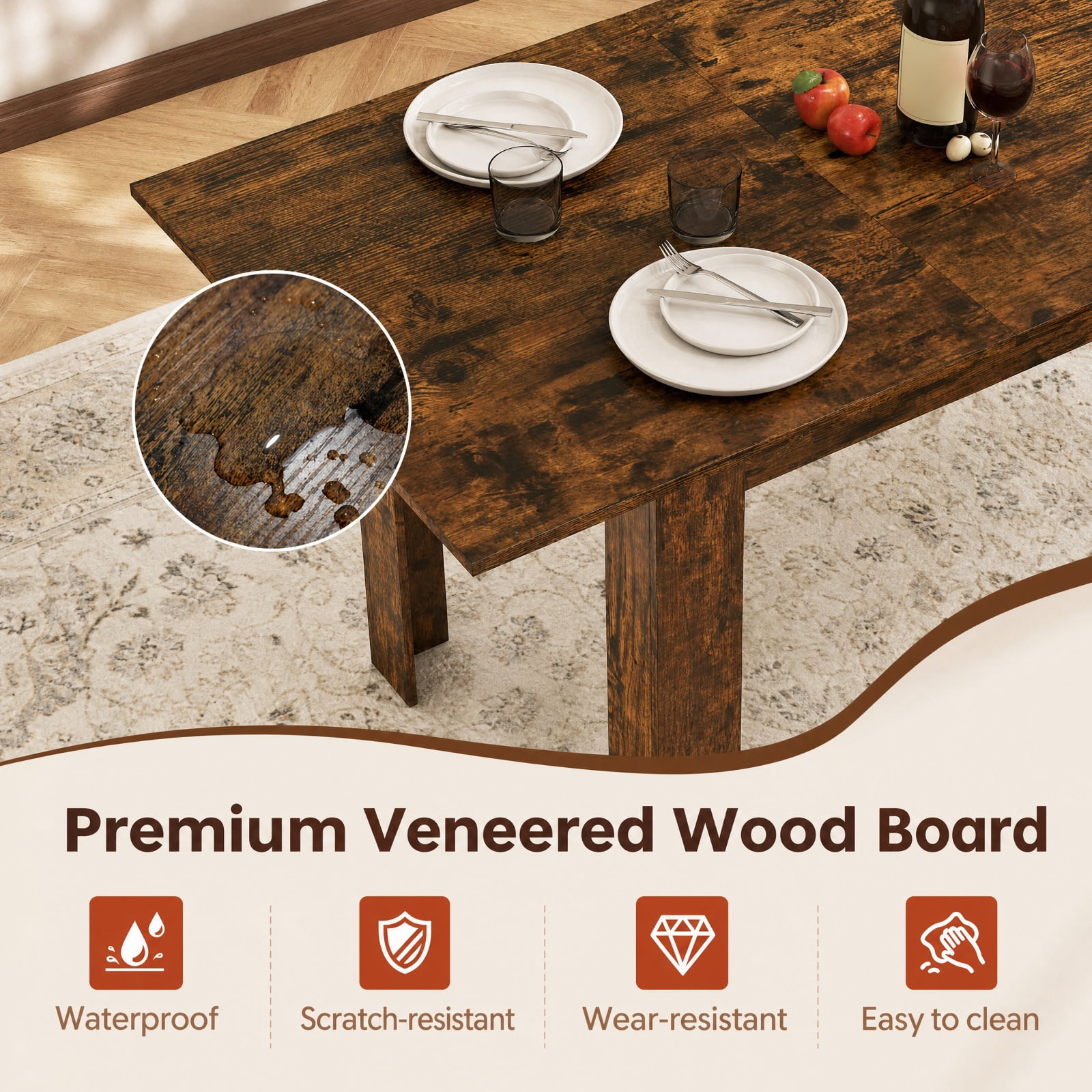 Furnibear Extendable Dining Table for 4 to 8 People with Sliding Rails and Thick L Shaped Legs for Kitchen and Dining Room, Rustic Brown