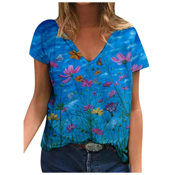 Moda Mujer Cuello en V Manga corta Impresión Jersey Blusas sueltas Tops Camiseta OAVQHLG3B Store lin121212