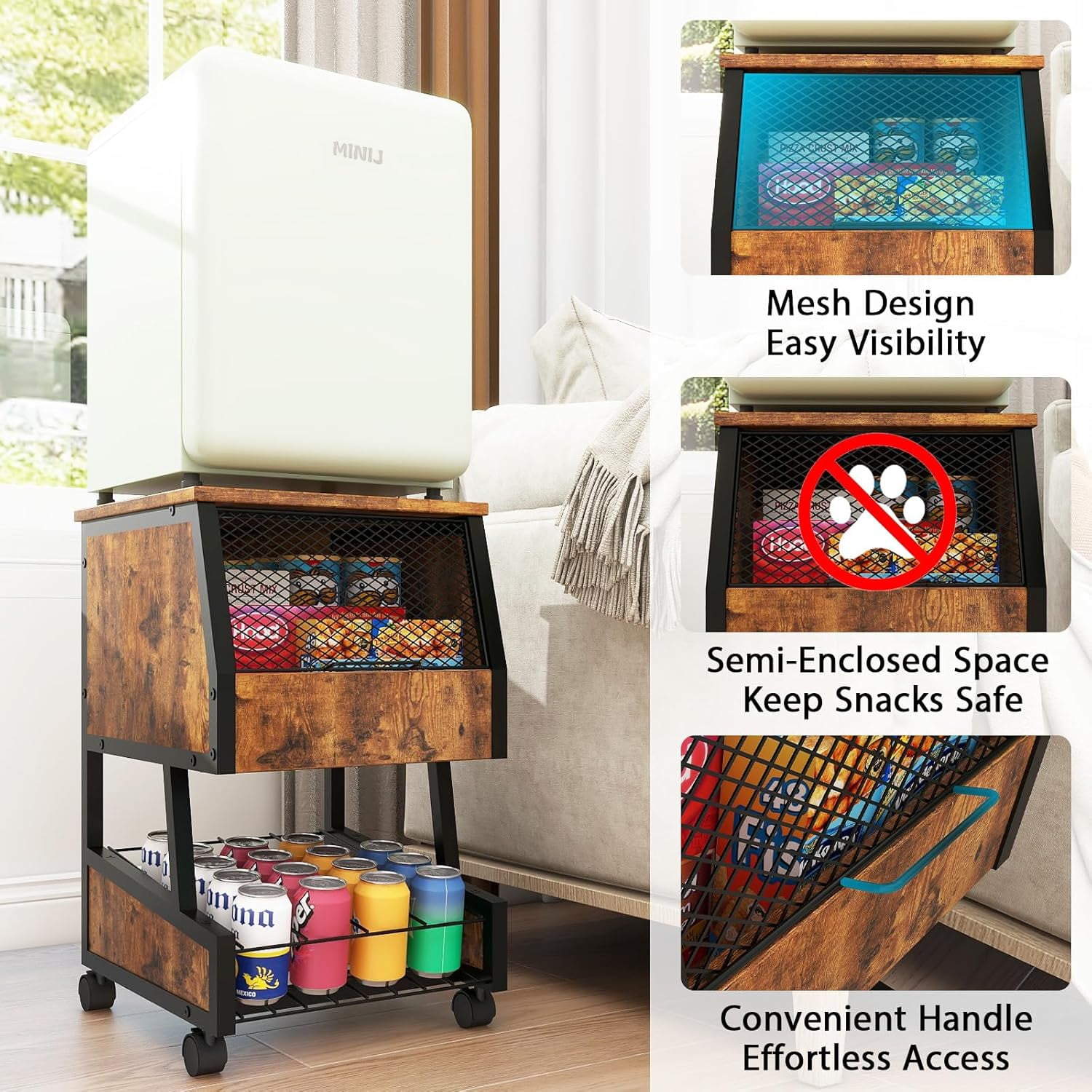 Compact Refrigerator Stand with Beverage Storage and Wheels Rolling Mini Fridge Cooler Table for Dorm Home Office Bedroom