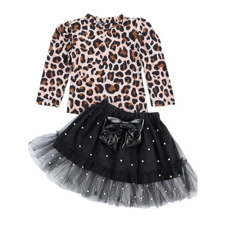 

BrilliantMe Kids Baby Girl s Outfits Leopard Print Top Black Gauze Skirt with White Pearl and Bowknot Party Tutu Dresses