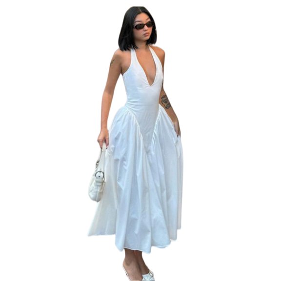 Women's Deep V Halter Maxi Dress, Solid Cutout Flowy Backless Summer Dress