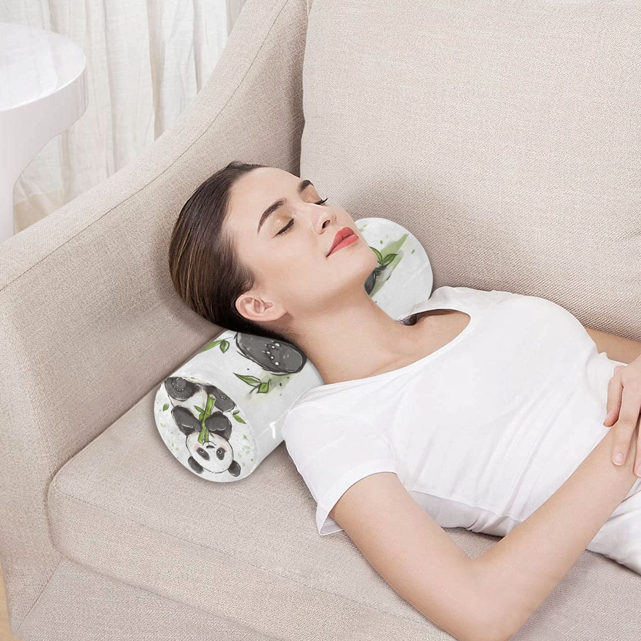 Neck pillow Round Cervical Pillow Cylindrical Pillow Lumbar Pillow Sofa Headrest Pillow Support For the Back, Neck and Head Cute Panda Eats Bamboo