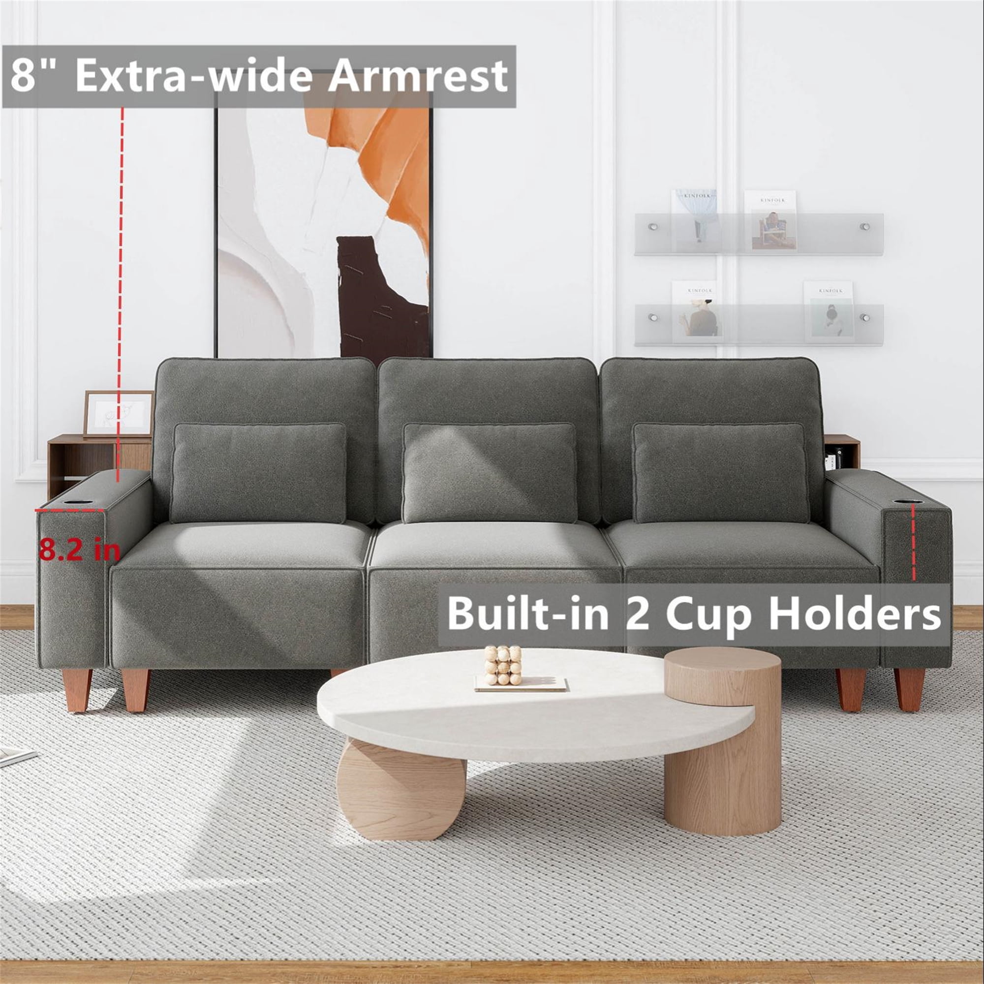 Aukfa 3 Piece Sofa Set - 99" Oversized 3 Seat Couch with Cup Holders&Pillows, Chenille, Gray