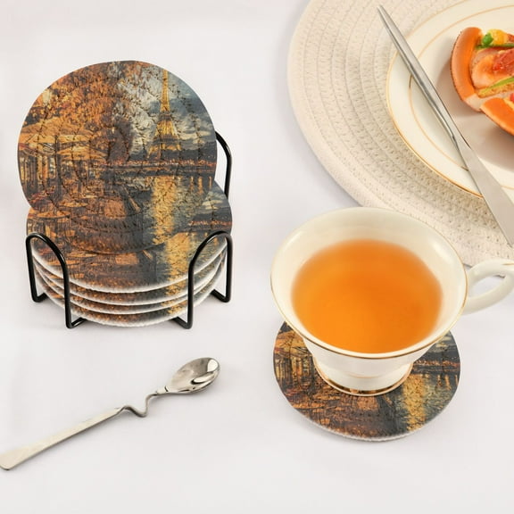 BZSMCE 6Pcs Drink Coasters With Holder 3.94Inch Cafe by Tower Evening Creative Coil Coaster Coasters Colors Absorbent Coasters for Drinks Coasters Set Thicken Heat for Home Table