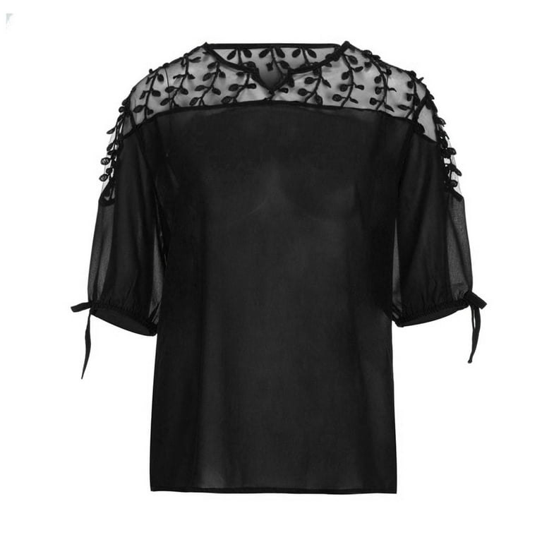 Plus Size Blouses For Ladies Casual Formal Fashion Women Plue Size Chiffon Ribbons Lantern Half Sleeve Mesh Perspective Top Chiffon Black Walmart