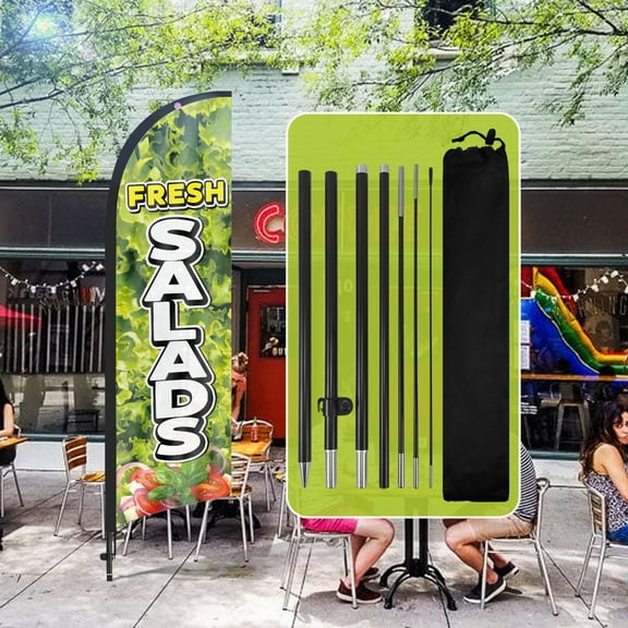 QSUM Fresh Salads Feather Flag with Flag Pole Kit and Ground Spike, 8.2FT Fresh Salads Windless Flag Banner Sign Business for Outdoor Advertising Sign Decoration Display