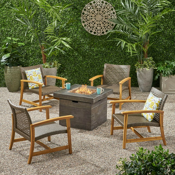 Eleanor Outdoor 5 Piece Wood And Wicker, Fire Pit And Chairs