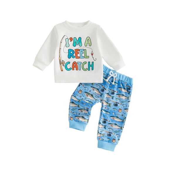 RUINIXCW Boys 2Pcs Fall Outfits Long Sleeve O Neck Letter Print Sweatshirt Fish Print Pants Sets