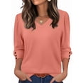 thumbnail image 3 of Womens 3/4 Sleeve Tops with Buttons V-Neck Summer Outfits Casual Blouses Shirts Beach Vacation Fall Clothes 2025 Coral M, 3 of 8