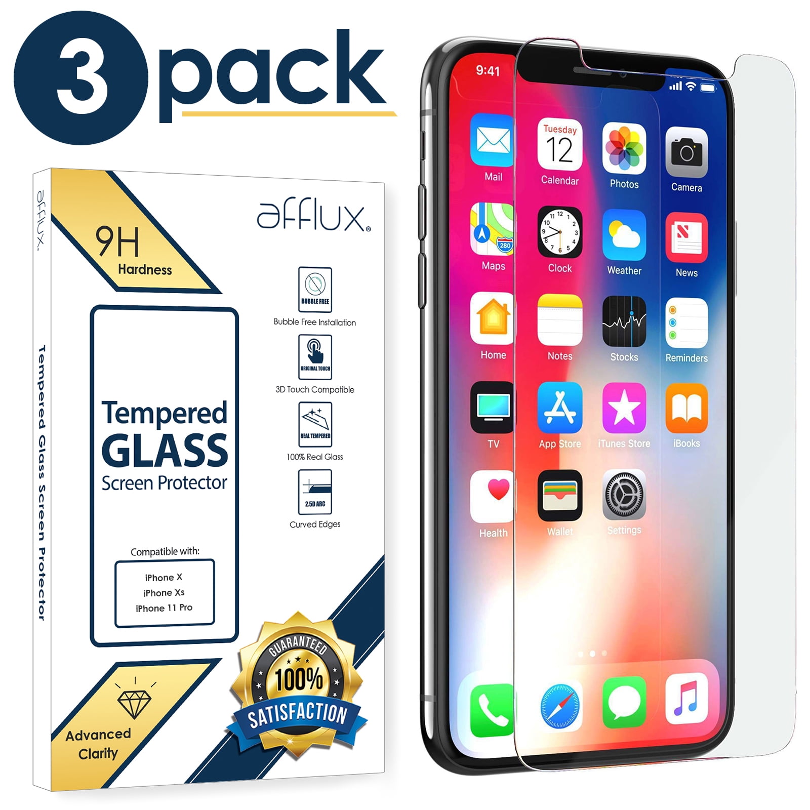 (3-Pack) iPhone X/XS/11 Pro Screen Protector, Borz Tempered Glass Screen Protector for Apple iPhone 10 - 9H Hardness, Premium Clarity, Scratch-Resistant Tempered Glass for iPhone X/XS/11 Pro