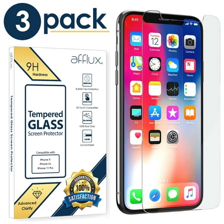 (3-PACK) AFFLUX For Apple iPhone 11 Pro / X Tempered Glass Screen Protector Film Cover, Anti-Scratch, Anti-Fingerprint, Bubble Free, 100% Clear, HD, In Retail Package (fits iPhone X / XS / 11 Pro)