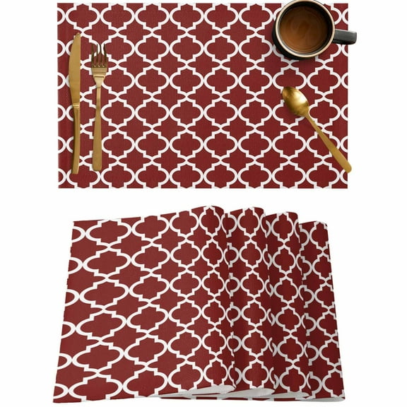 Burgundy Red Moroccan Buffalo Plaid Placemats Set of 4,Wipeable Washable Table Mats for Dining Tables,Abstract Geometric Place Mats for Kitchen Event Party Tabletop Decor