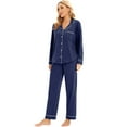 thumbnail image 4 of GEX 100% Cotton Pajamas for Women PJ Set Soft Button-Down 2 Piece Set Knitted Long Sleeve Sleepwear Loungewear Navy Blue 2XL, 4 of 7