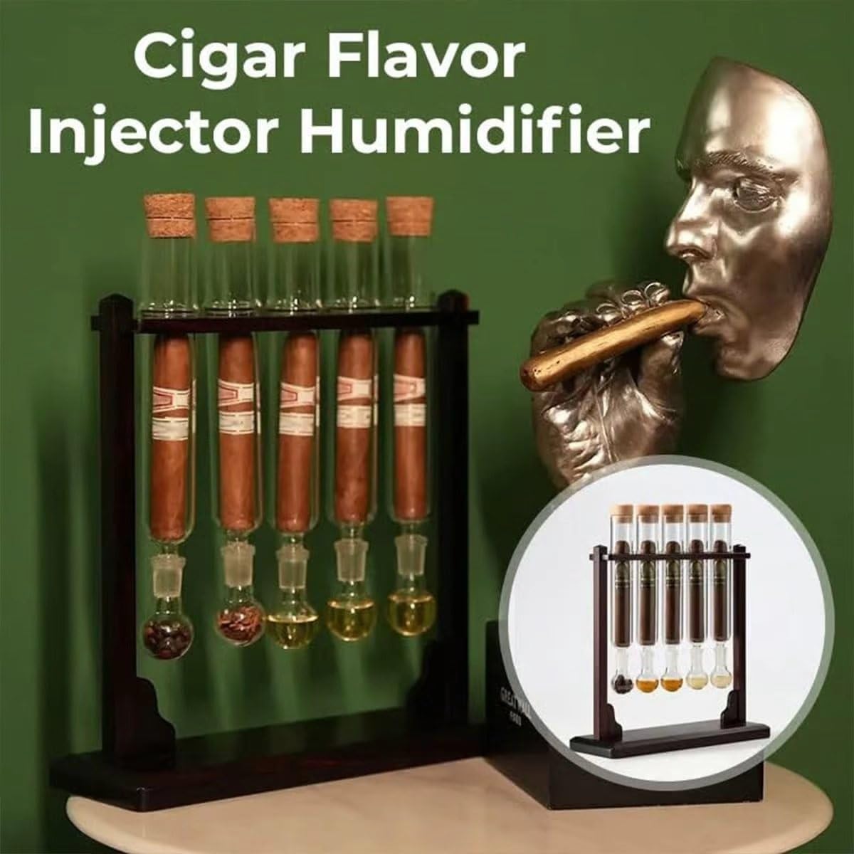 Cigar Flavor Injector Humidifier - Glass Tube Kit with Wooden Base - DIY Aromatherapy Infuser with Hygrometer and Airtight Caps for Cigar Enthusiasts