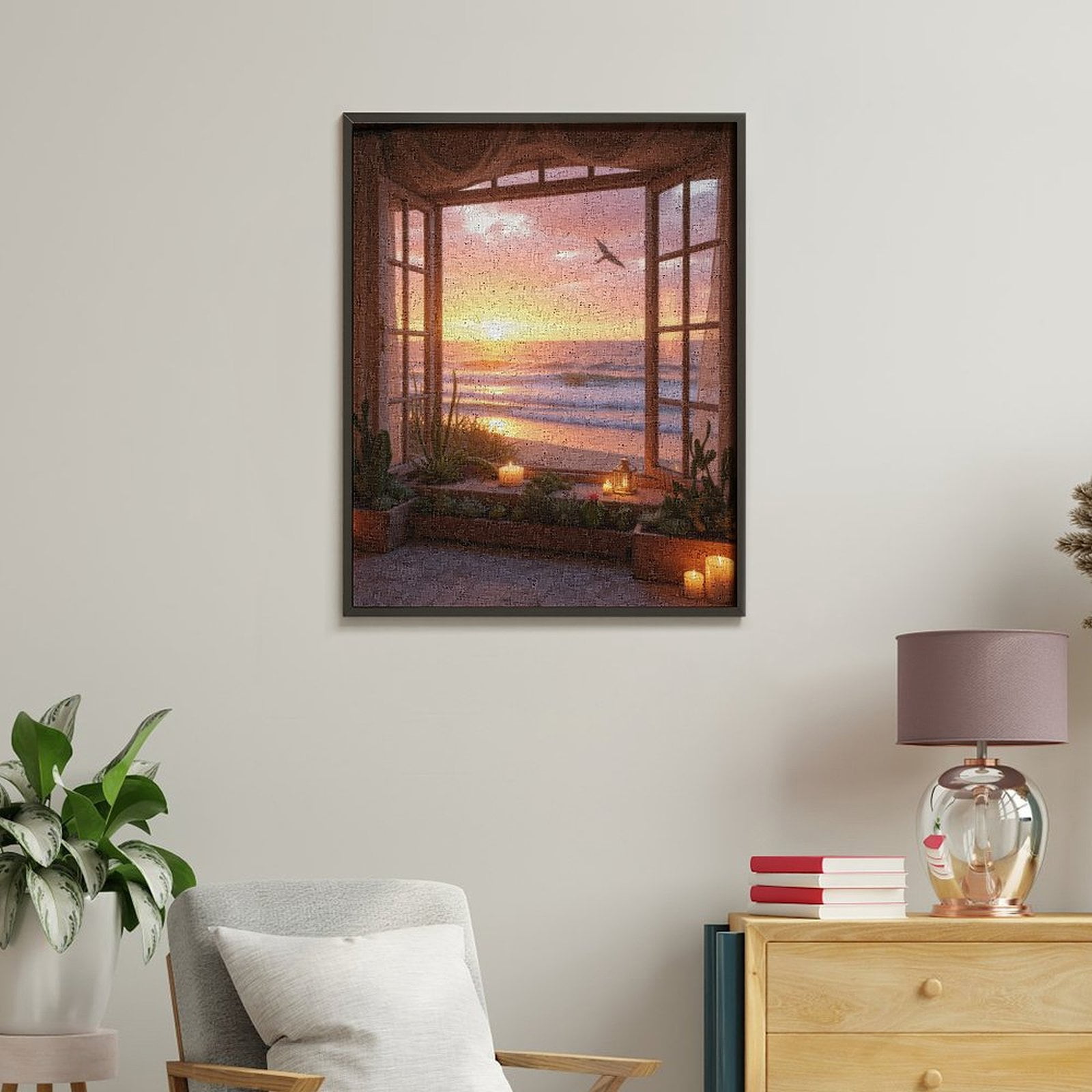 Paint By Numbers Kit for Adults Beginner - DIY Ocean Sunset View Through Window Canvas Painting Kits for Adults, Frameless Paint By Number for Adults for Home Wall Decor 16x20 Inch