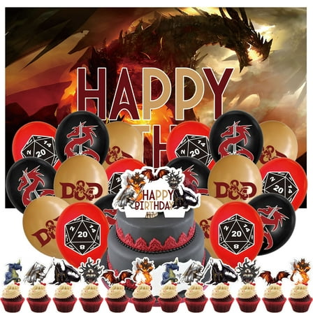 32 Pcs For Dungeons and Dragons Theme Birthday Party Supplies Party Favor Set,With 13 Cupcake Toppers,5*3ft Birthday Backdrop Decorations,18 Balloons, All-in-One Party Supply Set