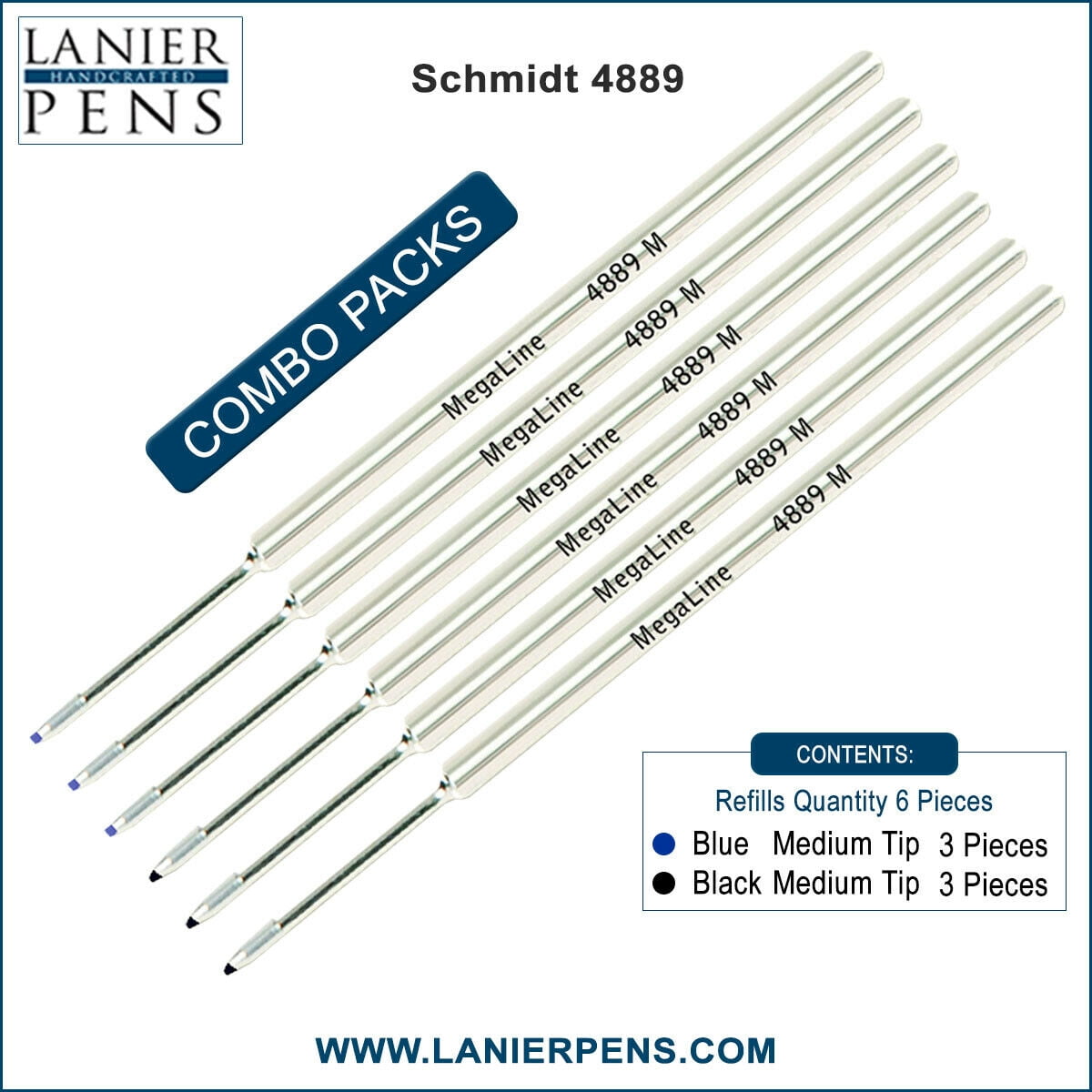 6X Schmidt 4889 MegaLine Pressurized Ball Point Refill Blue/Black Ink Medium Tip