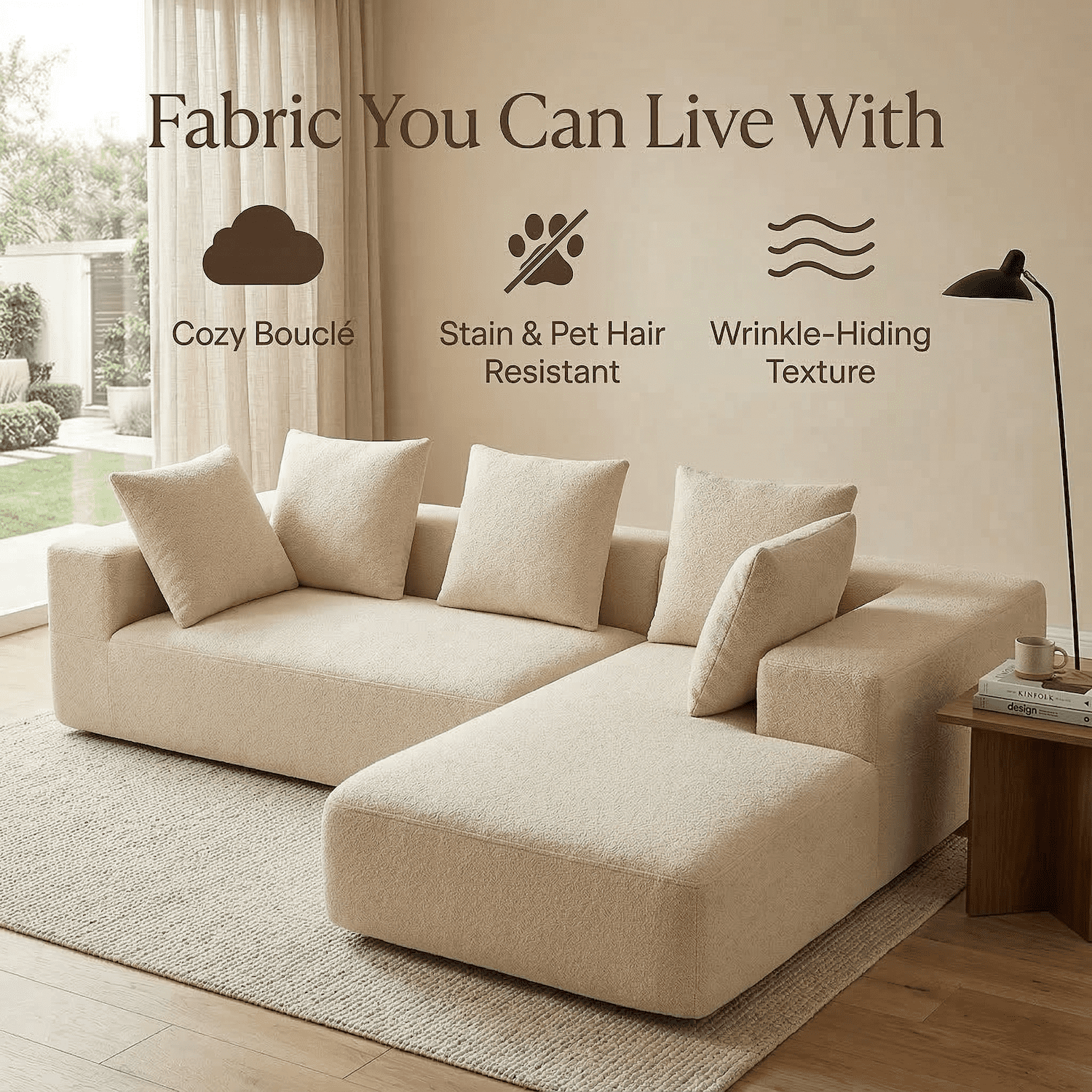 Xiweot 96" Cloud Sectional Couch for Living Room, Memory Foam Sectional Sofa with Deep Seat, Teddy Fabric L Shaped Modular Sectional Couch with Right Facing Chaise (Beige)