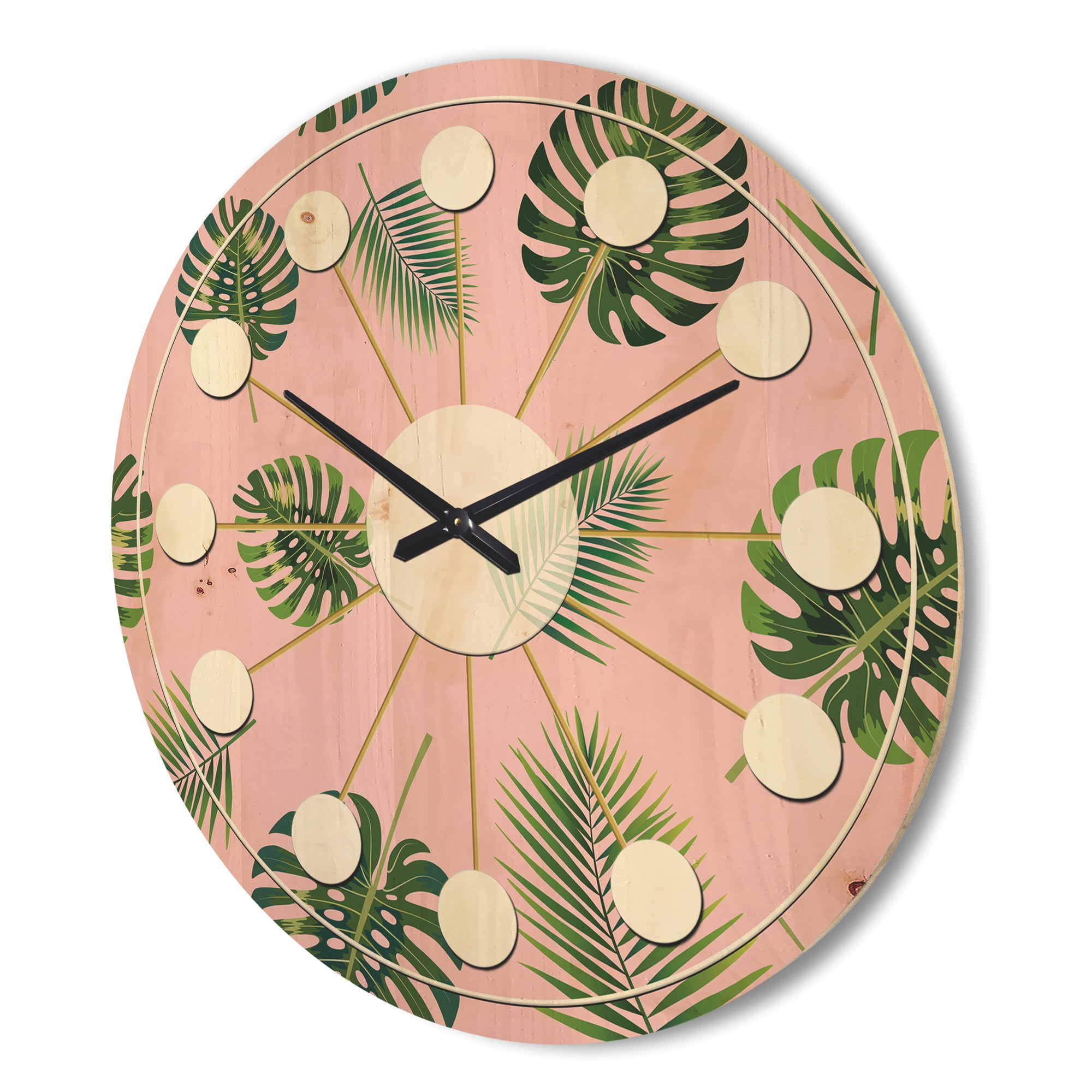 Designart 'Palm Tropical Leaves Retro Pattern' Mid-Century Modern Wood Wall Clock
