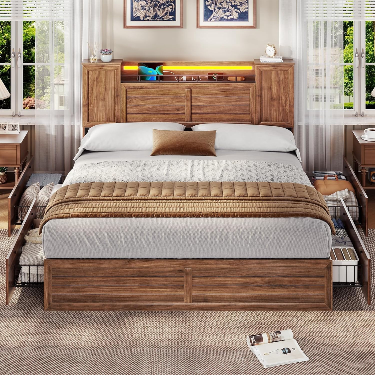 Farmhouse Bed Frame Queen Size with Headboard and Double Barn Door Storage Cabinets LED Rustic Wooden Bed with Charging Station and 4 Drawers Brown