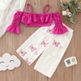 thumbnail image 2 of Mercatoo 3Pcs Toddler Baby Girl Outfit Flare Sleeve Off Shoulder Ruffled Crop Top Print Long Pant Headband Summer Clothes Set, 2 of 8