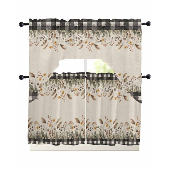 Farmhouse Flowers Kitchen Curtains Sets 24 Inch Length with Valance, Retro Country Floral Herbs Black Plaid Swag Valances and Tiers Curtain Set Drapes Swag Curtains for Living Room, Bathroom, Bedroom