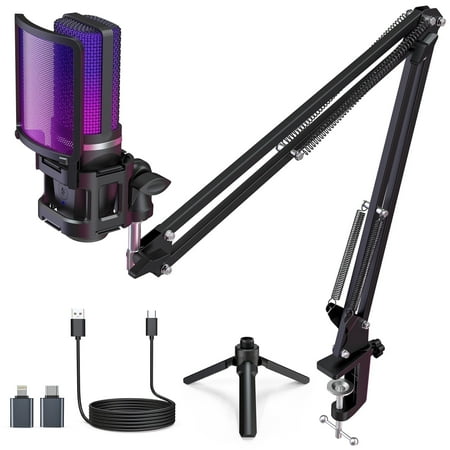 ZealSound Gaming USB Microphone,Noise Cancellation Condenser Mic,3.5mm Headphone,RGB Microphone with Mute,Gain,Monitoring,Boom Arm,Pop Filter for Phone,PC,Computer,Mac,Streaming,Podcast
