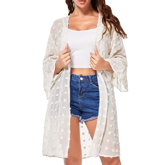 Womens Tops Dot Chiffon 3/4 Sleeve Beach Cover Up Sheer Trendy Tops