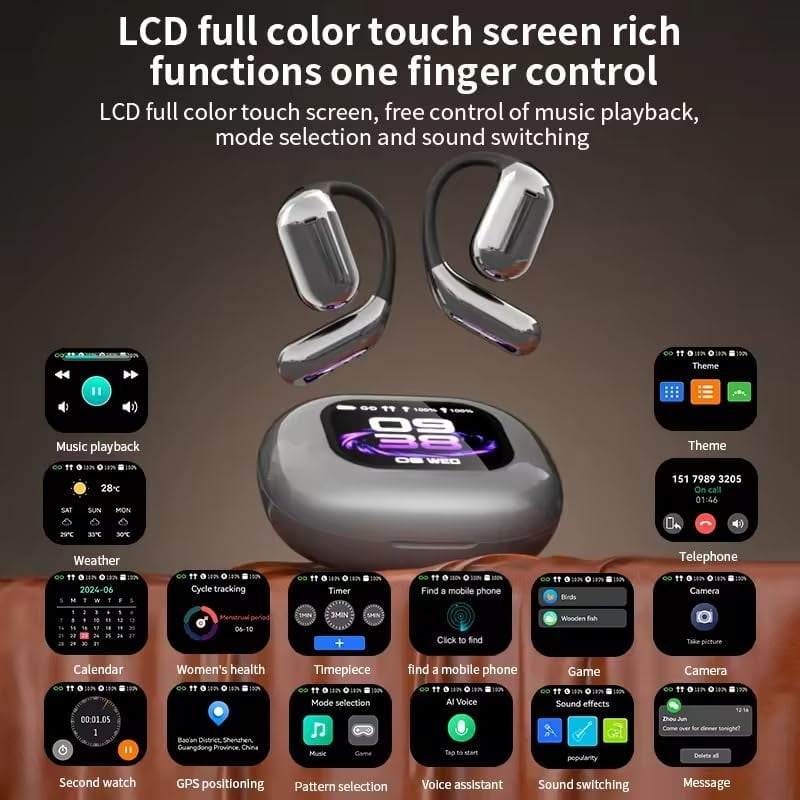 Intelligent Touch Screen Open Ear Earbuds Bluetooth 5.4 Headphones Over The Ear Earbuds 50H Playtime LED Display Charging Case Sport Over Earphones for Running Fitness (Black)