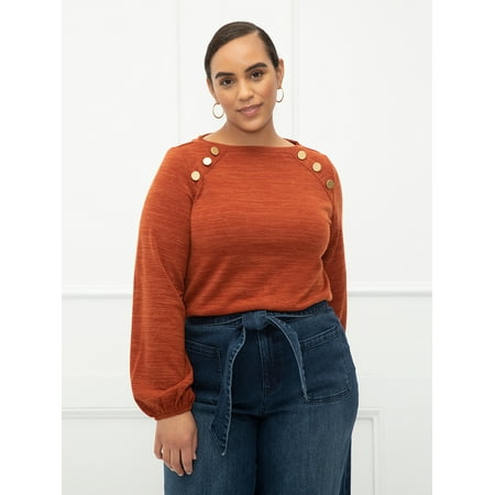 ELOQUII Elements Women's Plus Size Balloon Sleeve T-Shirt with Button Detail