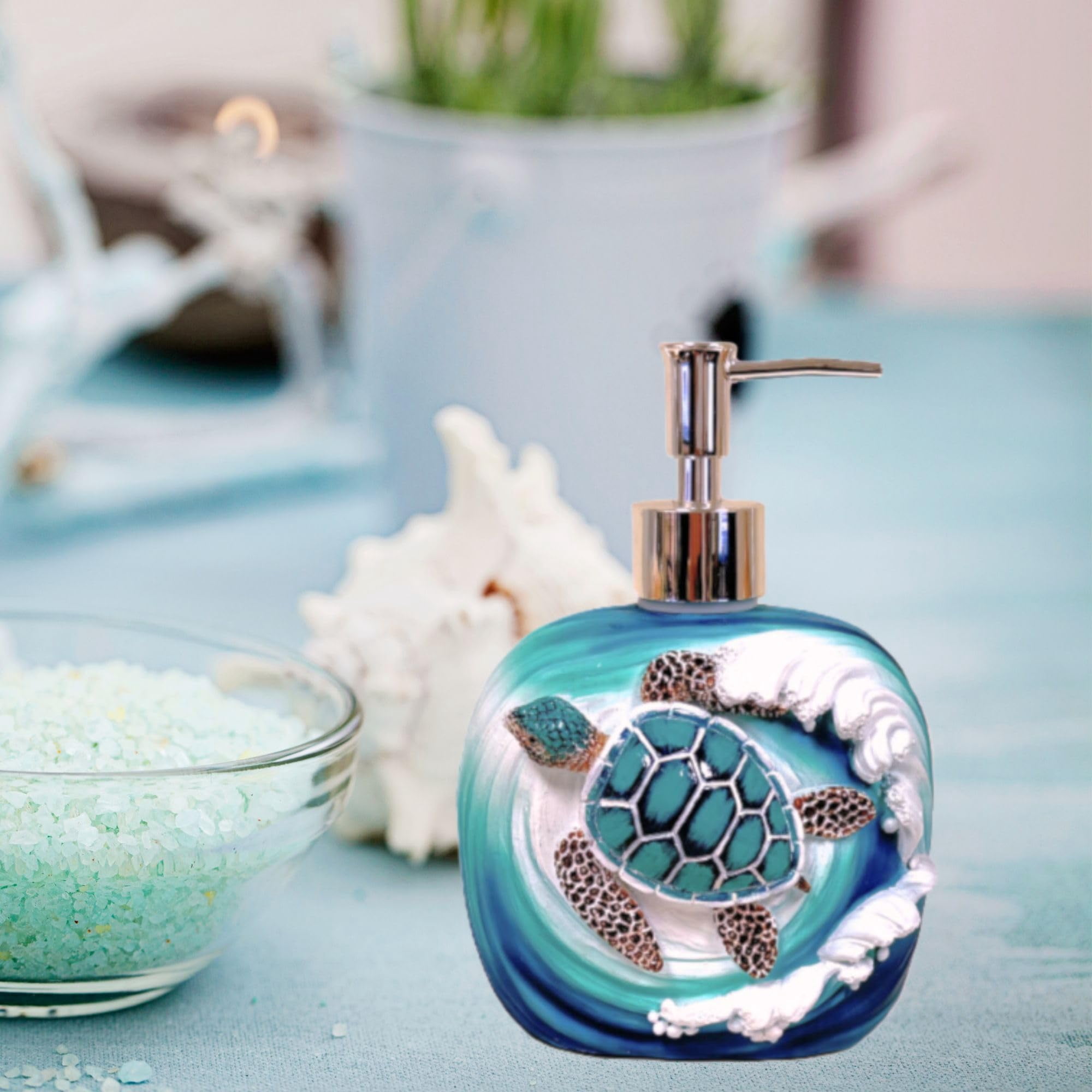 Sea Turtle Wave Decorative Soap Pump Dispenser - Nautical and Ocean - Inspired Refillable Liquid Soap and Lotion Bottle Storage - Ideal for Sea and Marine Life Lovers