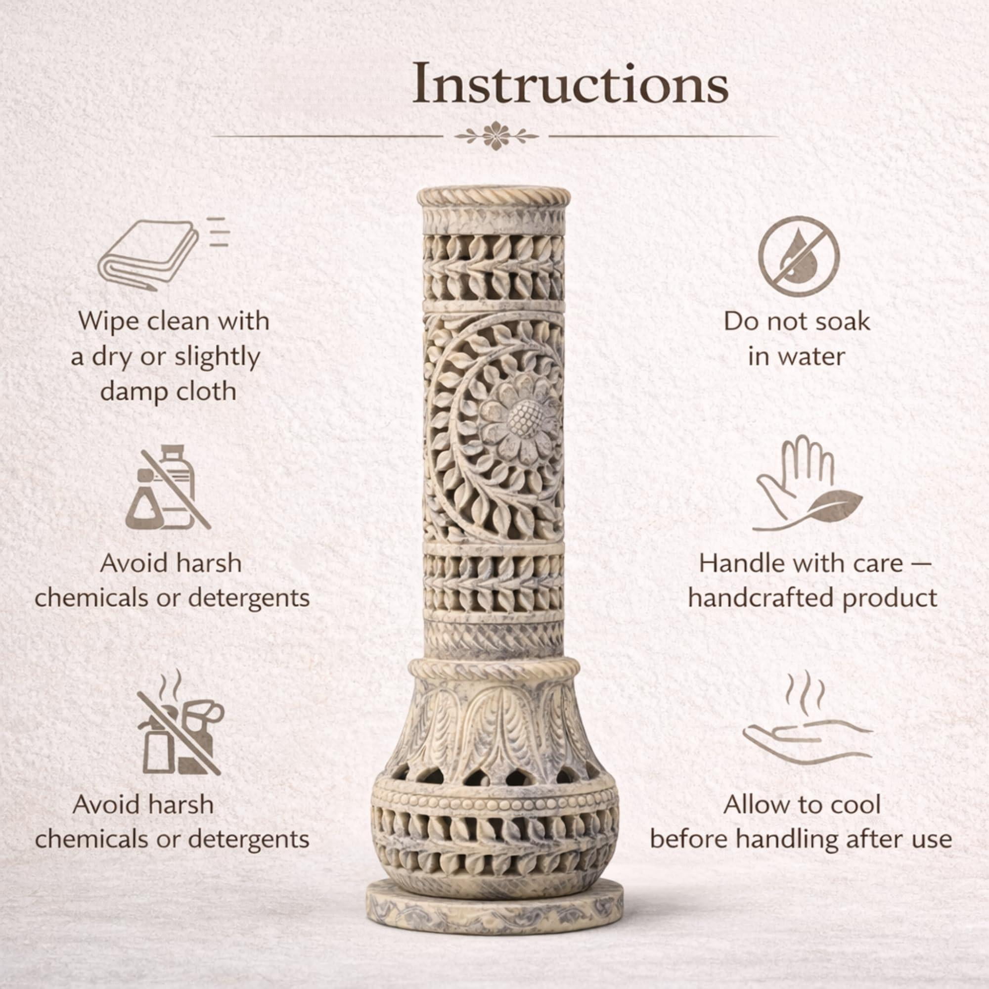 Marble Soapstone Incense Stick Holder | Candle Burner Tea Light Stand - Handmade Bottle Tower. Decorative Floral Carving For Gifting Home And Office Decor (3x3x10.5 Inches)
