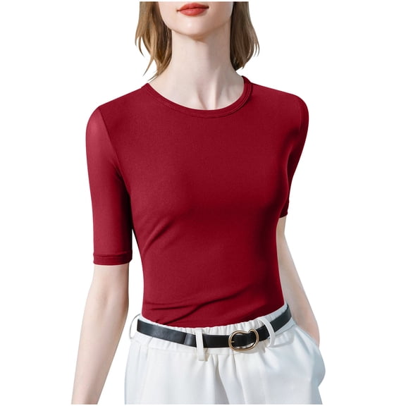 HAPIMO Womens Crewneck Short Sleeve Tops Slim Fit Basic Layer Blouses Trendy Going Out Outfits Lightweight Spring Summer Casual Tops Red XL