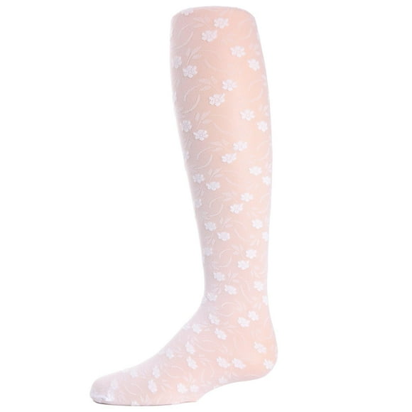 MeMoi Sweet Blossoms Girls Sheer Floral Lace Tights White 8-10